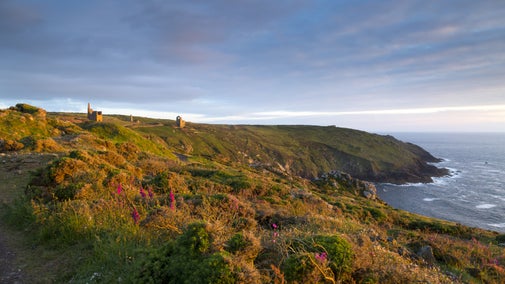A view of the ruined engine houses, Wheal Edward and Wheal Owles, in the distance, along the coastline at Botallack, Cornwall